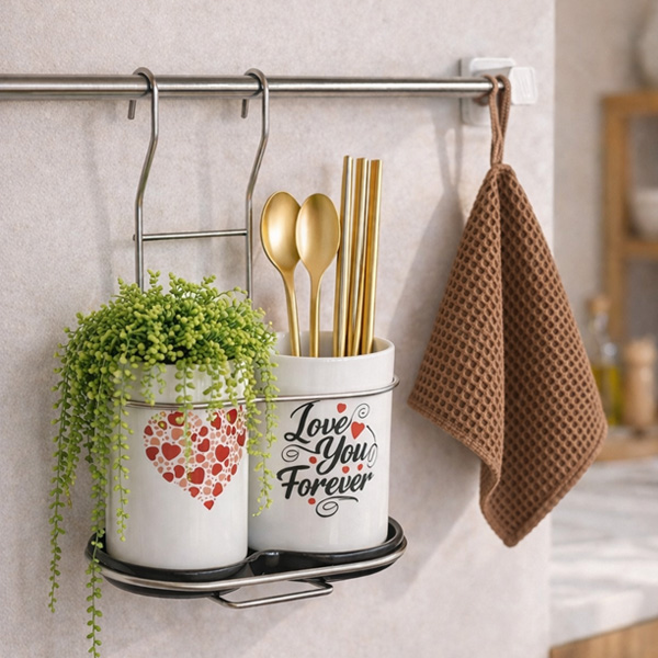 물빠짐 2구 도자기 수저통 걸이형 받침대 세트, 1개, 화이트 12,100원