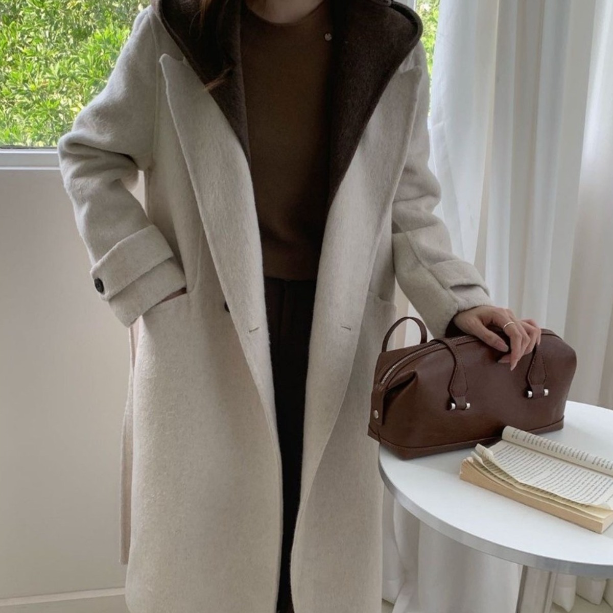 휠렉스 여성 허리벨트 롱 후드 슬림핏 패션 모직 코트 YD34 58,000원