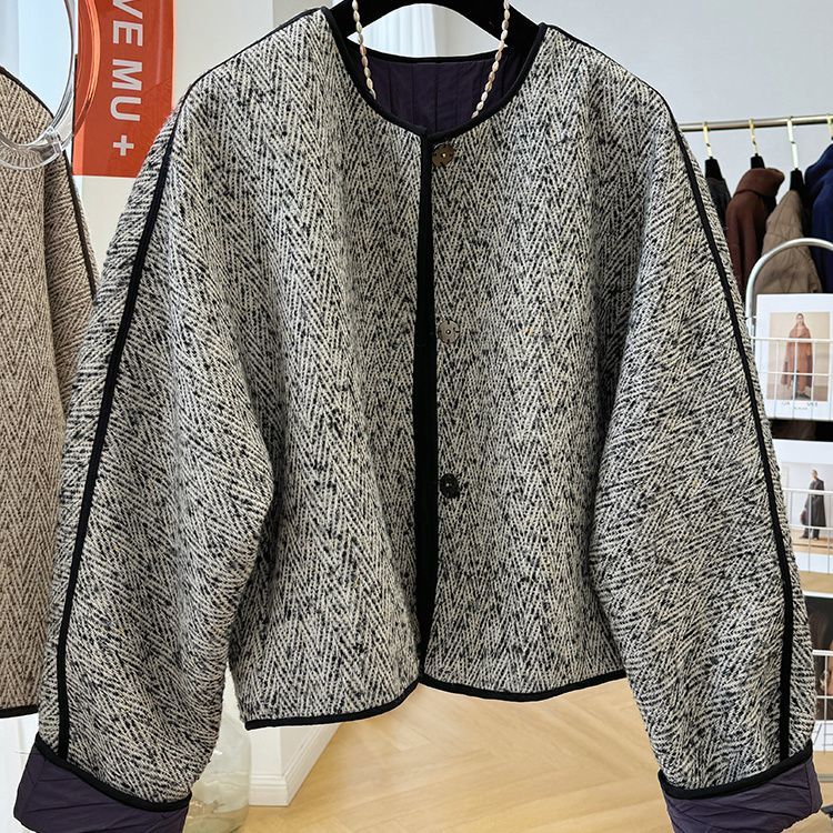 WPUY 하객룩 봄 가을 노카라코트 고급 독특한 오버핏 루즈핏 숏코트 원버튼 데일리 모직 자켓 빅사이즈 여성 트위드 자켓 52,130원