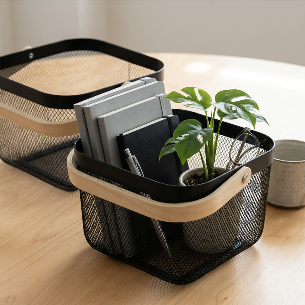 포니홈 철제바구니 우드 손잡이 바스켓 수납, 1개, 블랙 10,670원