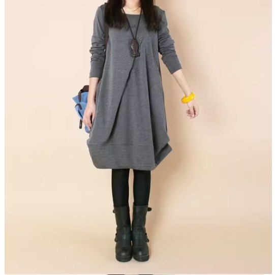 초 로미홀리 빅사이즈 가을겨울 주름 라운드넥 긴팔 원피스 107 30,500원