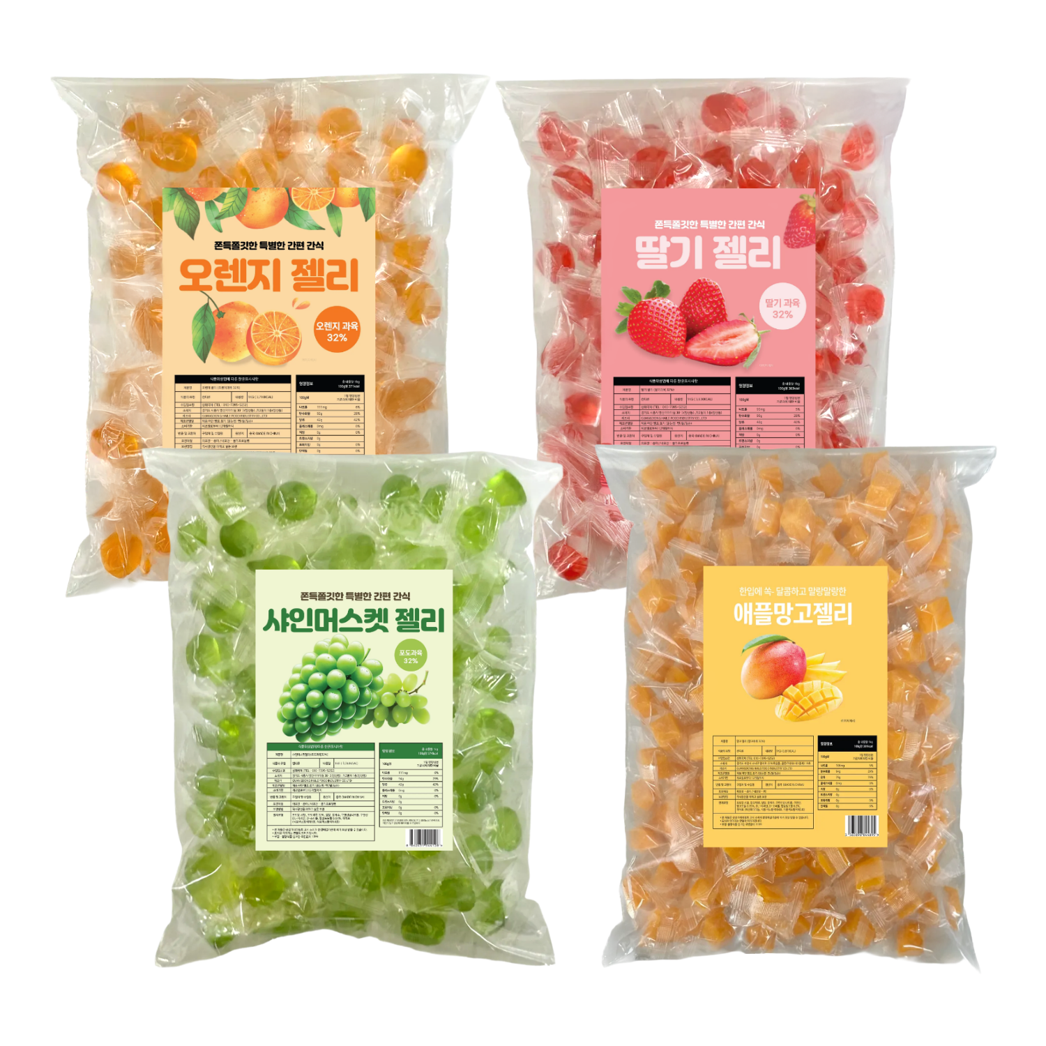 혜성식품 리얼 과육 과일 젤리 애플망고+샤인머스켓+딸기+오렌지, 4개, 500g 18,500원