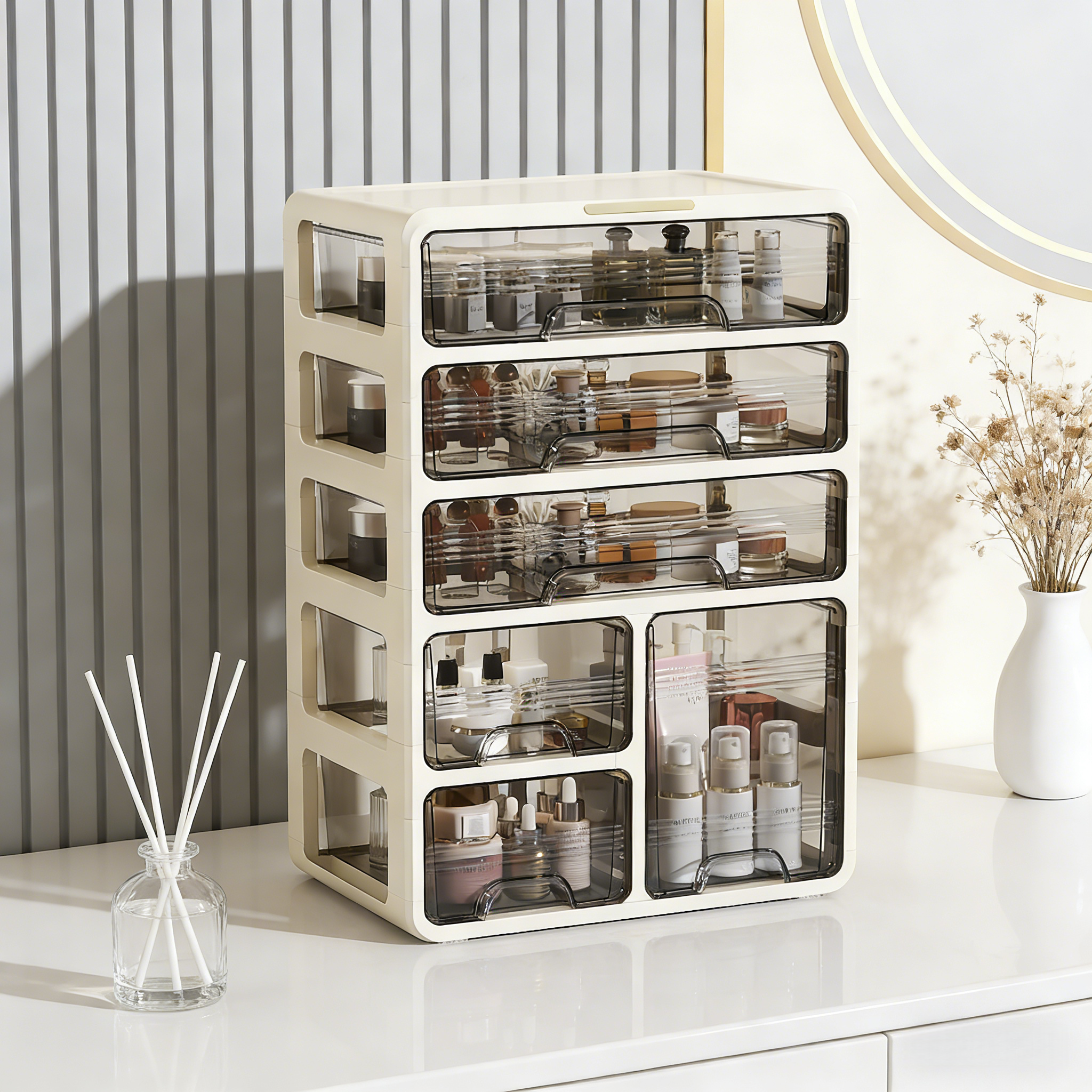 MEMEU 다층서랍형 화장품 정리함 방진 방습 화이트 침실 화장대용 대용량, 1개, 크림화이트 5단-용량2배 53,750원