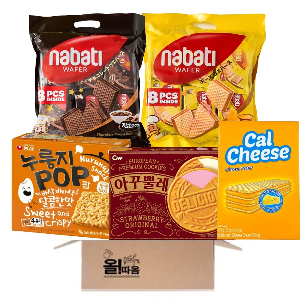 농심 누룽지팝+청우아꾸뿔레+나바티 치즈맛웨이퍼+나바티 초콜릿웨이퍼+칼치즈 1개씩, 1세트, 누룽지팝+아꾸뿔레+나바티치즈맛웨이퍼+초콜릿웨이퍼+칼치즈 19,600원