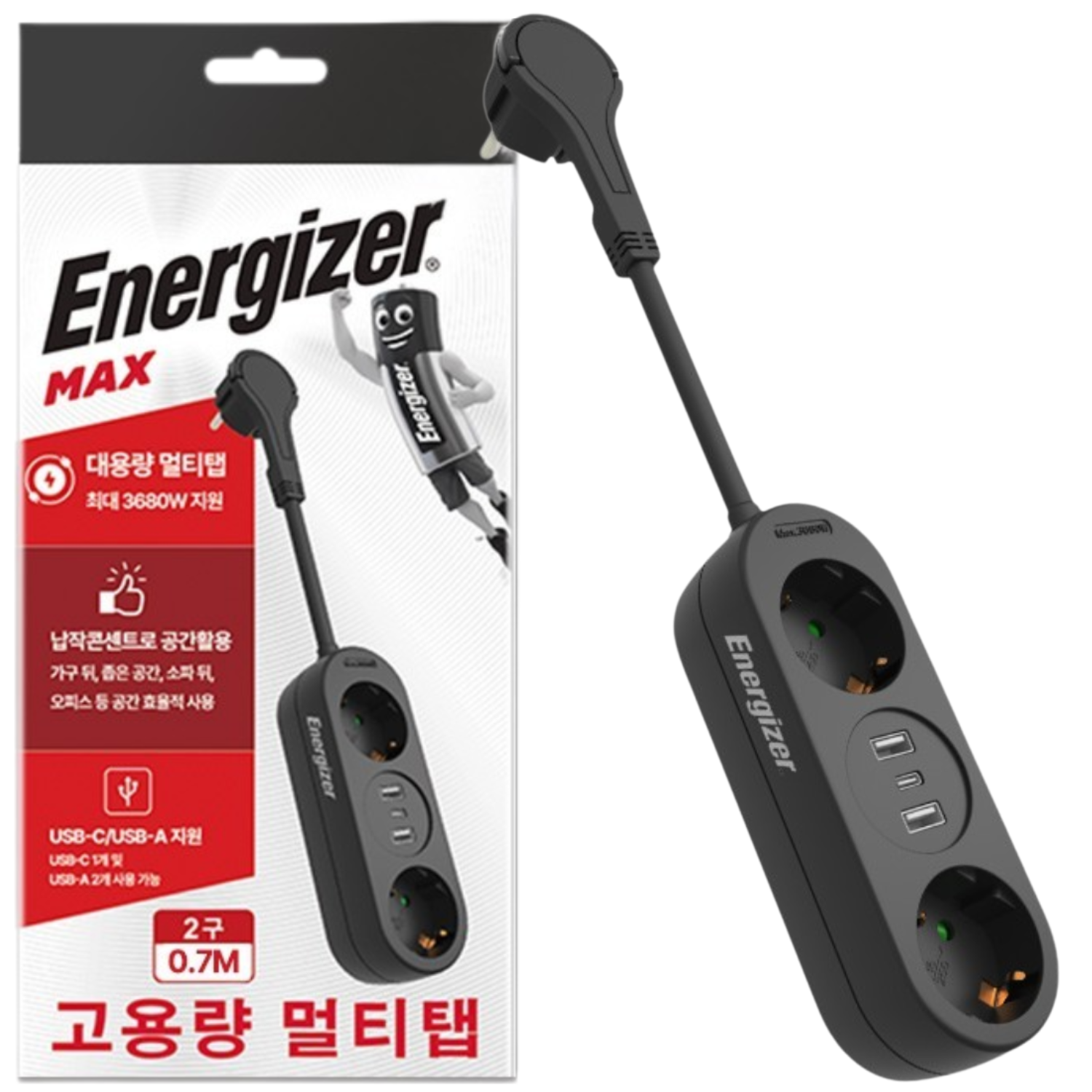 에너자이저 USB멀티탭 고용량 고속충전 과부하차단 3680W 2구 USB-C USB-A 납작콘센트, 0.7m, 블랙, 1개 24,800원