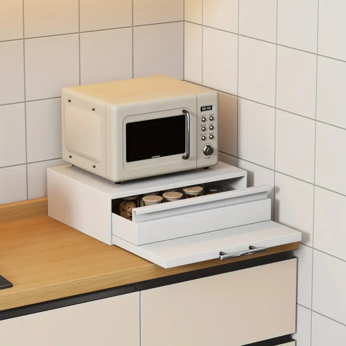 전자렌지 수납장 거치대 철제 슬라이드 수납함 2단 서랍 서랍 오븐 밥솥 커피머신 커피캡슐 보관함 슬라이딩 정리함, 1개, 흰색 59,550원