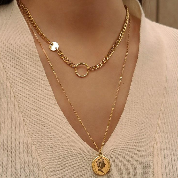 [14K 골드] 써지컬스틸 두줄 체인 믹스 레이어드 코인 팬던트 유니크 데일리 목걸이 15,900원