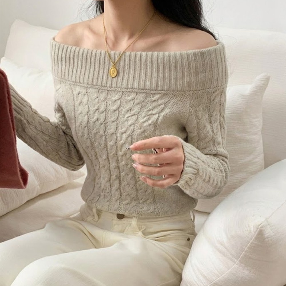 타니즈 긴팔 여성 오프숄더 꽈배기 케이블 니트 14,900원