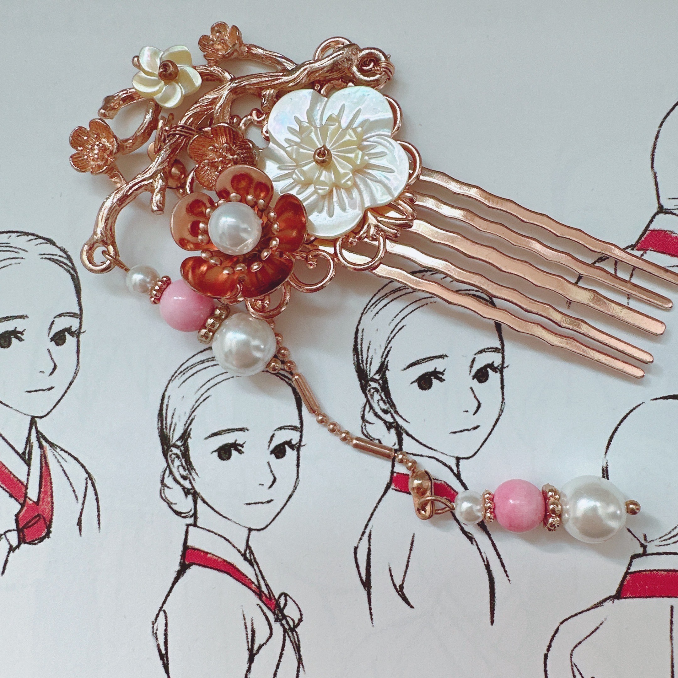 나연한복소품공방 핸드메이드 자개꽃 한복 뒤꽂이 옆꽂이 빗핀 헤어핀 22,100원