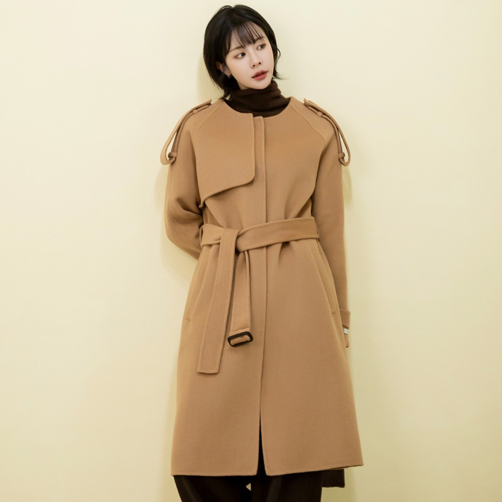 [미쎄] 울100 트렌치스타일 핸드메이드코트 노카라 라운드넥 벨티드 브라운 88,000원