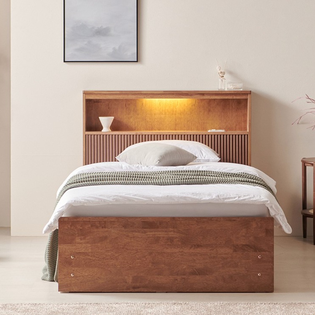 리퍼 피렌체 원목 템바보드 LED조명 수납 서랍형 침대프레임 SS Q K 월넛, 월넛 379,000원