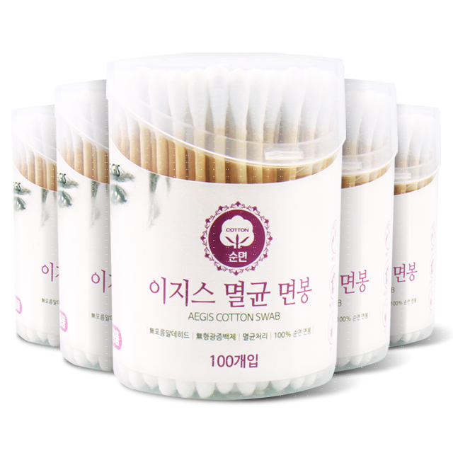 이지스 순면 멸균 면봉 500개입 100% 순면 무형광, 5개, 100개입 6,380원