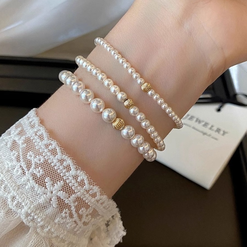 웰리나 1+1+1 진주 금볼 팔찌 3종 세트 4mm 6mm 8mm 14k 도금 핸드메이드 팔찌 13,500원