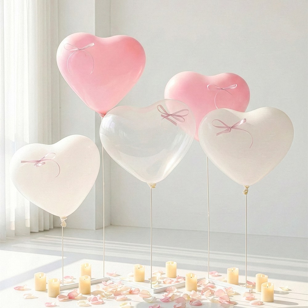 하트 풍선 파스텔 홈파티 프로포즈 발레코어 리본포함 일자형 스탠드, 1개, 01. 로맨틱 핑크 (투명3개+화이트3개+핑크3개) 9,900원