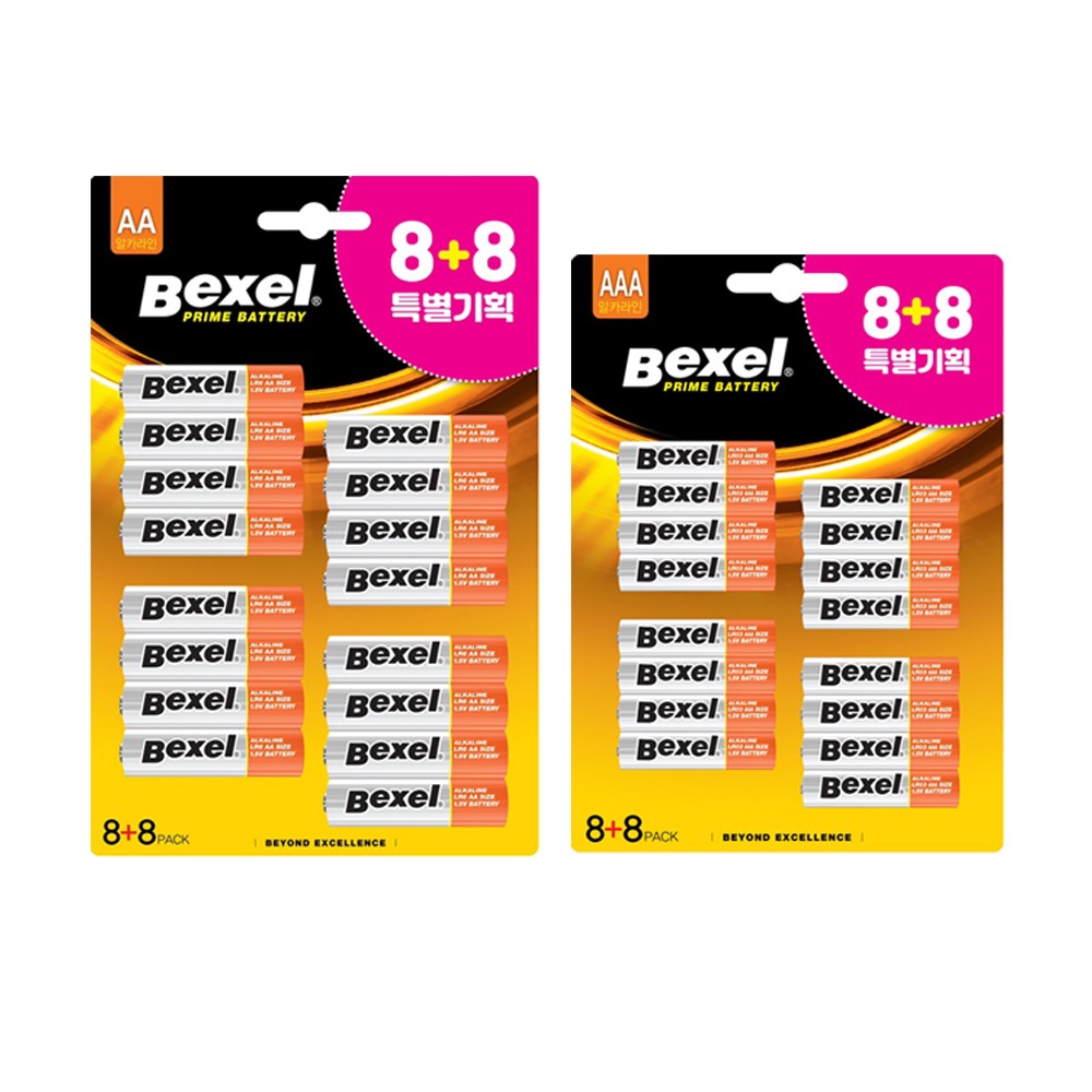 벡셀 알카라인 건전지 AA 8+8 (16개입) + AAA 8+8 (16개입) 2종 묶음 도어락 리모컨 배터리, 케이스 무료 증정, 1개 12,400원