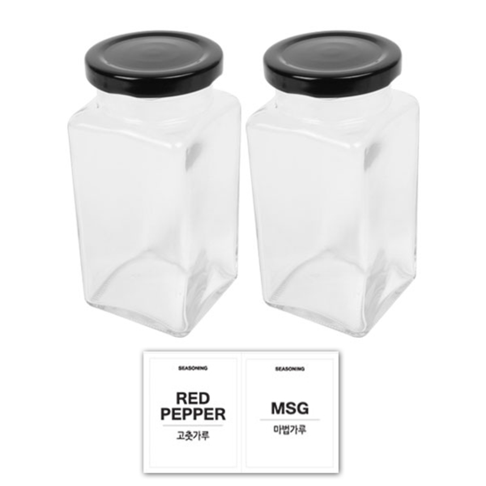 홈앤라이프 유리 양념통 사각 블랙캡 세트, 1세트, 300g 2p + 투명스티커(고춧가루 + 마법가루) 4,000원