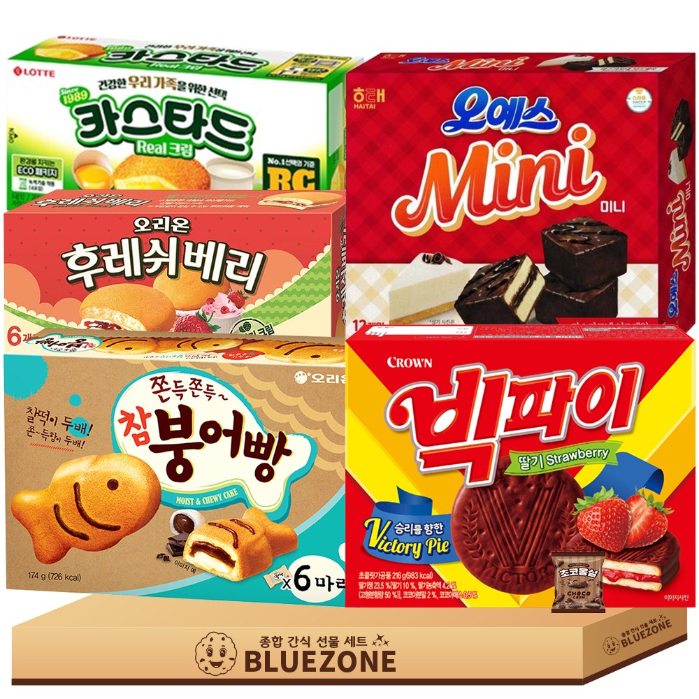 인기 파이 스낵 과자 B세트 참붕어빵174g 롯데카스타드138g 빅파이216g 후레쉬베리168g 오예스미니192g 몽실22g, 1세트, 혼합 22,900원