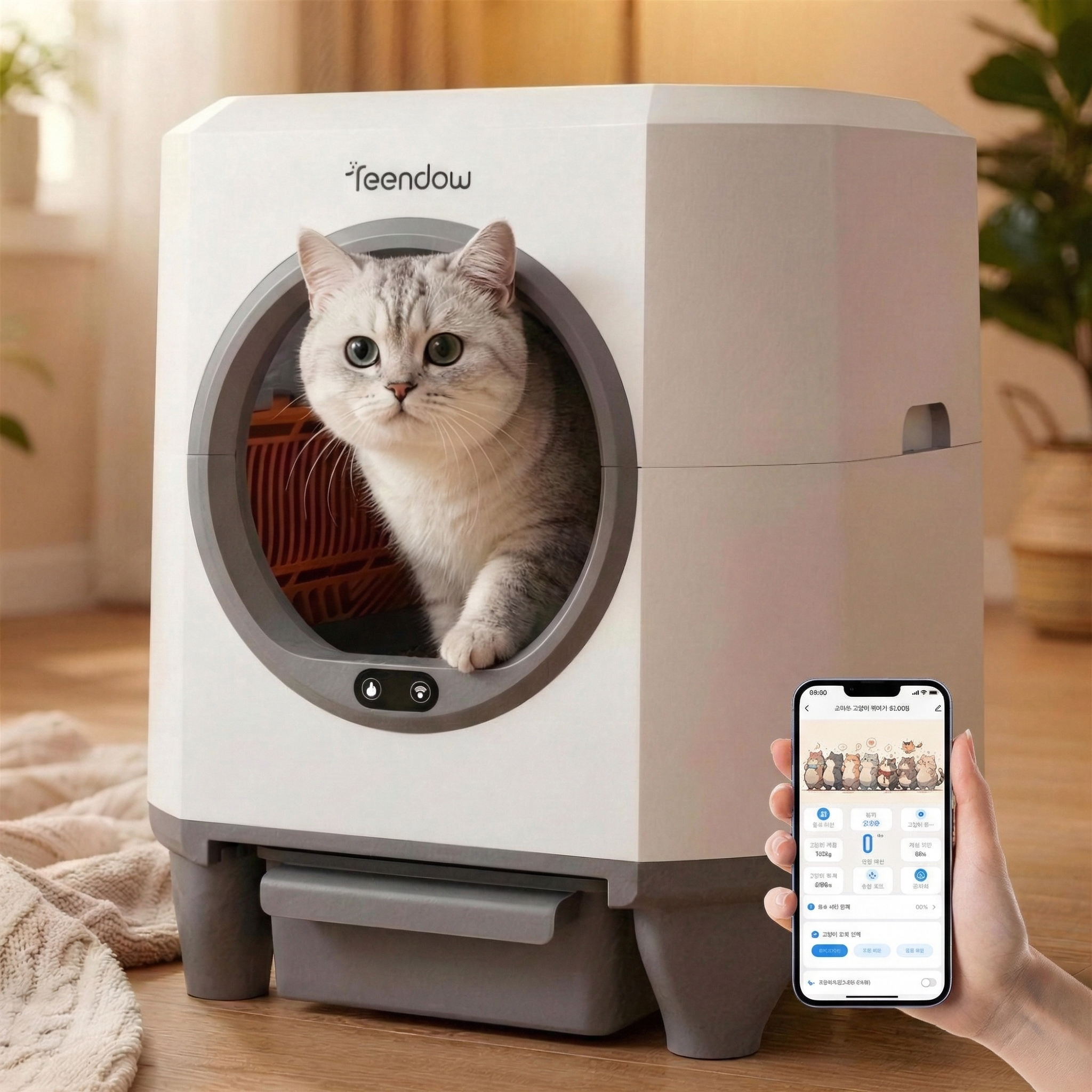 [2026년형] Teendow 스마트 자동 고양이 화장실 CLB05 다중 안전장치 WIFI 연동 전자동 고양이 화장실, 화이트, 1세트 699,900원