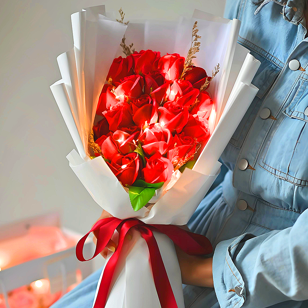 아르띠콜로 자체제작 S5 LED 램프 20송이 비누꽃 부케+투명쇼핑백, 레드, 1개 26,800원