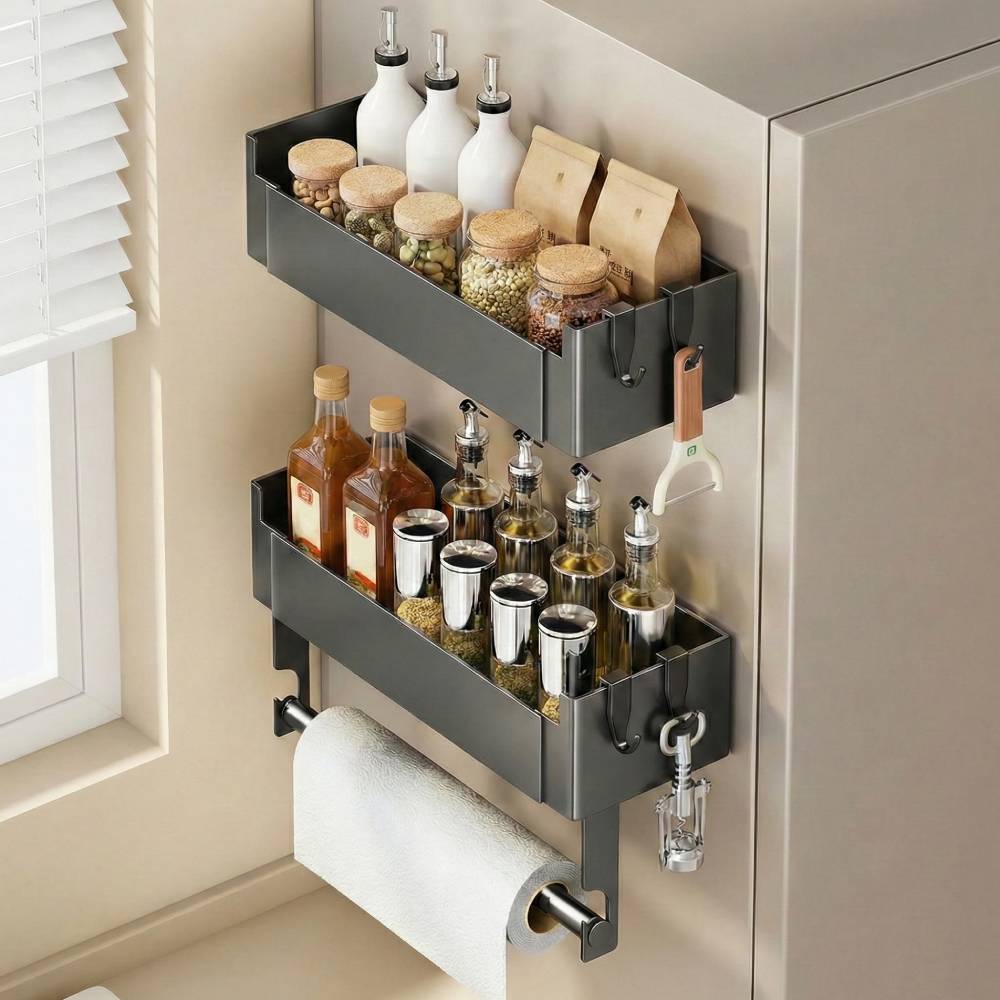 뭉클톡톡 초강력 냉장고 다용도 자석 선반 2개 (키친타올 걸이 + 고리 포함), 1세트, 블랙 36,900원