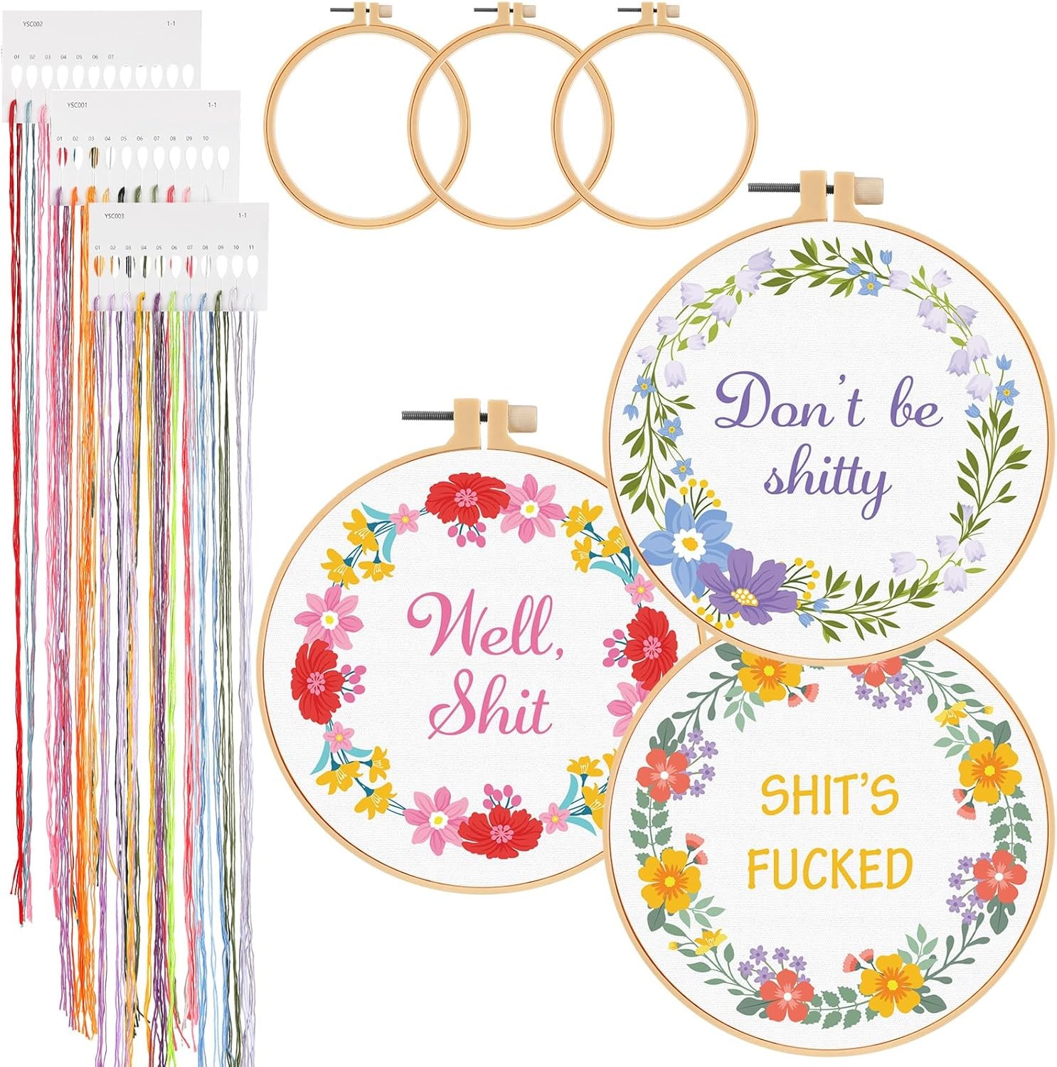 다이펀리 3세트 초보자를 위한 재미있는 DIY 자수 키트 꽃 화환 패턴 바늘 포인트 키트가 포함된 스탬프 핸드메이드 크로스 스티치 스타터 3개의 후프 컬러 실 도구 39,550원