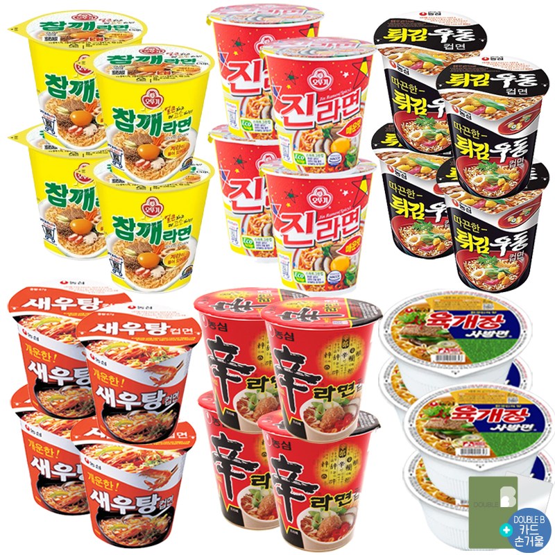 더블비 농심 오뚜기 팔도 컵라면 6종 총 24개 (육사발 4개 + 신라면 4개 + 튀김우동 4개 + 새우탕 4개 + 진라면 매운맛 4개 + 참깨 4개)+더블비카드거울 28,500원