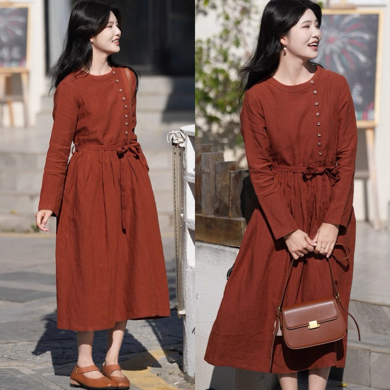 빅사이즈 여성 면마 허리꼬임 벨트 원피스 봄 여름 신상 편한 a라인 슬림핏 박스 젊어 보이는 라운드넥 긴팔 프렌치 캐쥬얼 베이직 데일리룩 외출용 긴 날씬해보이는 버튼 디자인 스커트 28,900원