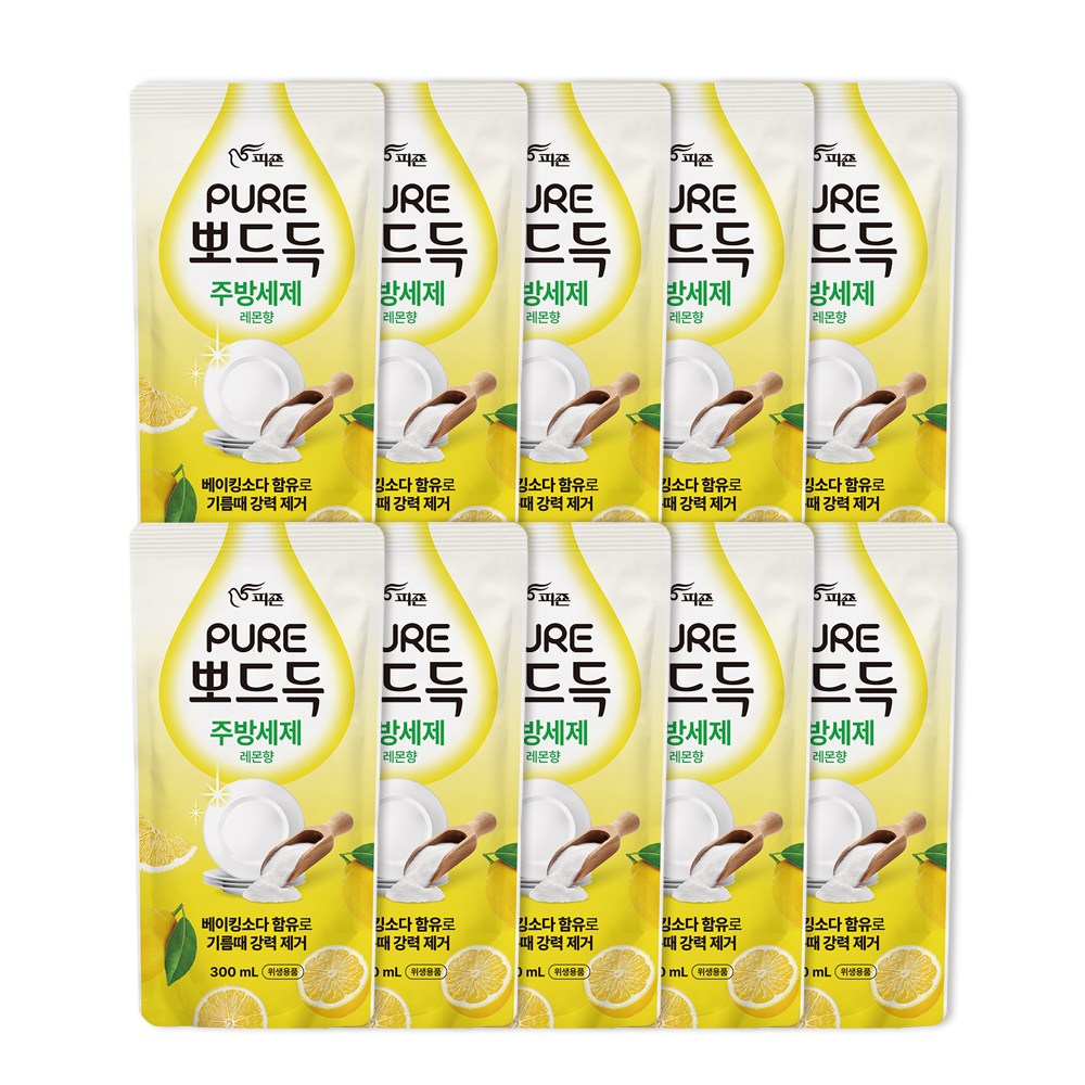 피죤 퓨어 뽀드득 주방세제 레몬향 리필 베이킹소다 풍성한 거품 기름 때 제거, 10개, 300ml 11,680원