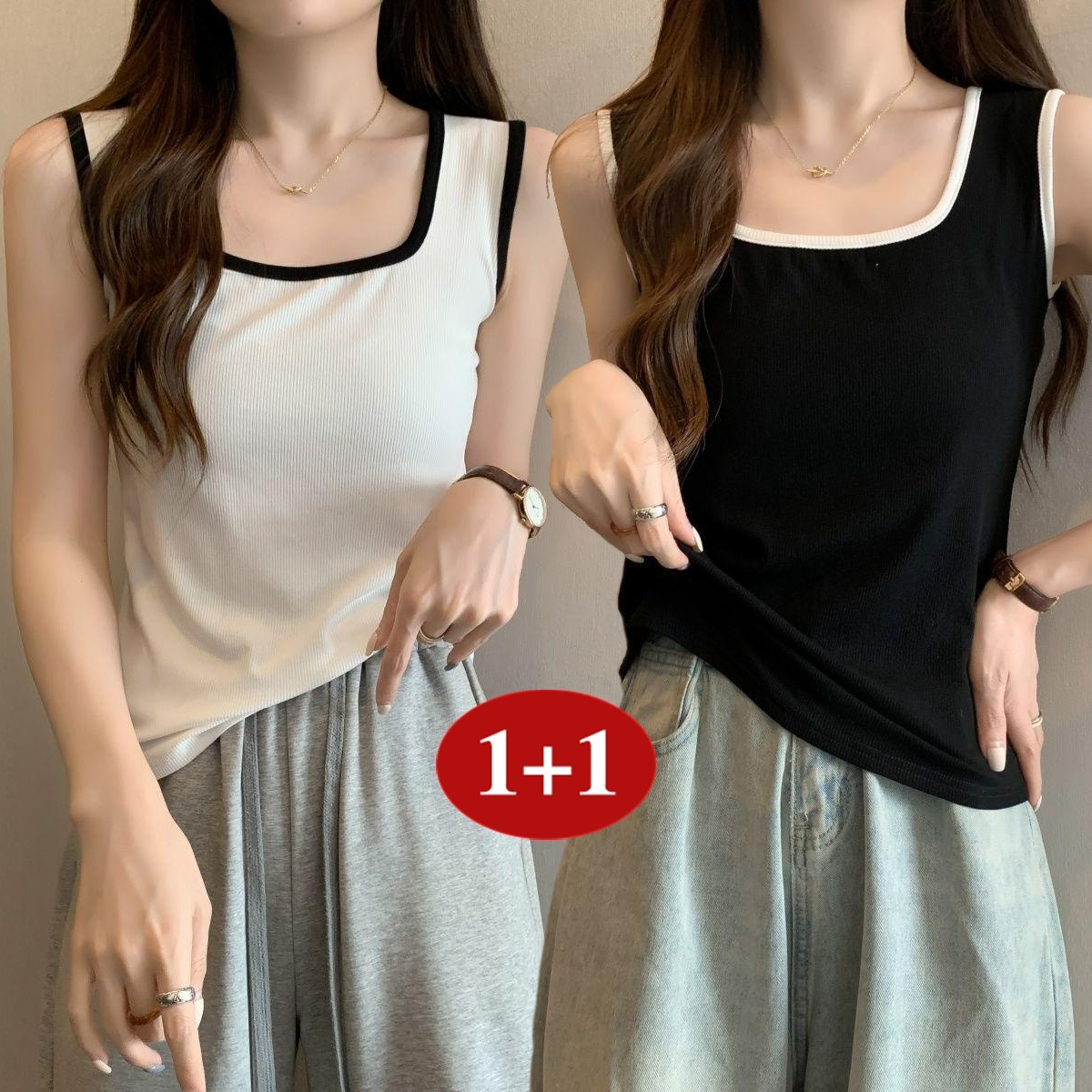 Asure 1+1 여름 여성 스퀘어넥 나시 빅사이즈 캐주얼 민소매나시 18,500원