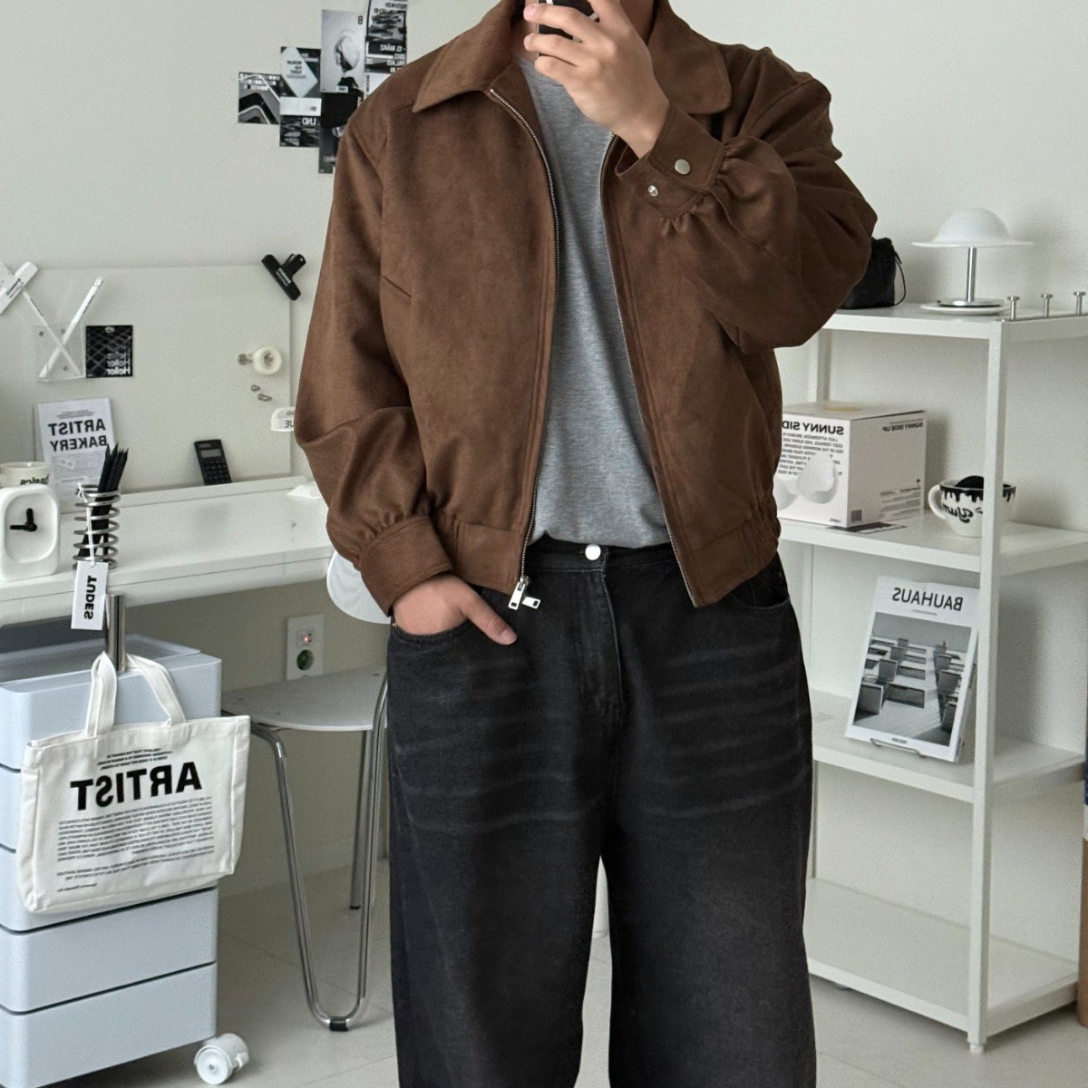 르위 오버핏 스웨이드 세미크롭 트러커 자켓 아우터 카라넥 59,000원