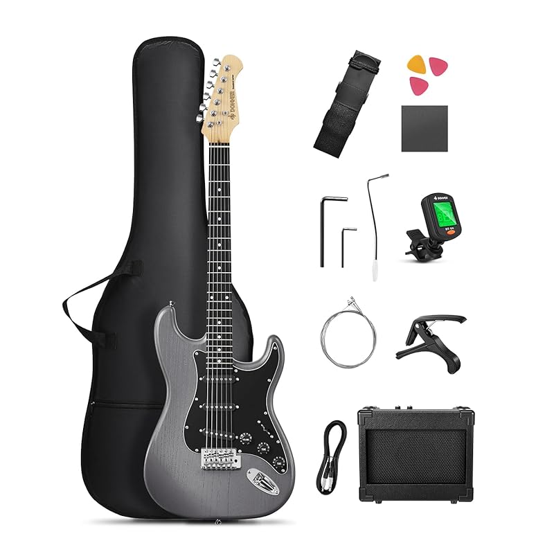 Donner 일렉트릭 기타 초보자 세트 ST타입 SSS 픽업 39인치 풀사이즈 미니 앰프 포함 전용 케이스와 튜너 등 액세서리 9종 세트 DST80B 매트 블랙 170,420원