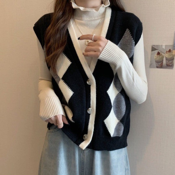 아가일 체크 브이넥 니트 베스트 조끼 여성조끼 니트조끼 패션조끼 부담없이 입는 조끼 데일리룩 27,510원