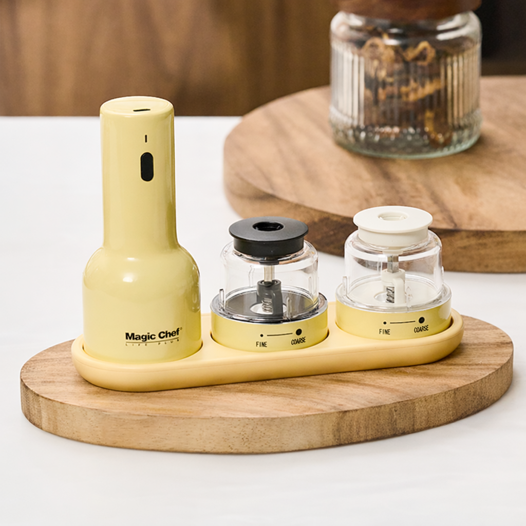 매직쉐프 전동그라인더 소금 후추 2in1(본체+팟2P+트레이) 스텐버터옐로우 62,800원