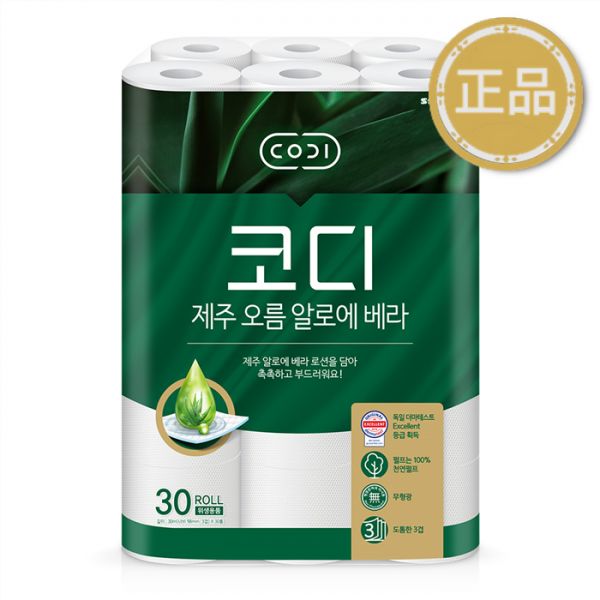 [코디] 천연펄프 제주오름 알로에베라 화장지 30m x 30롤 1팩 31,700원