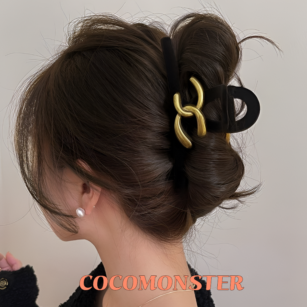 COCOMONSTER 빈티지 골드 벨벳 올림머리 헤어 집게핀 반머리 집게핀 13cm 16,000원