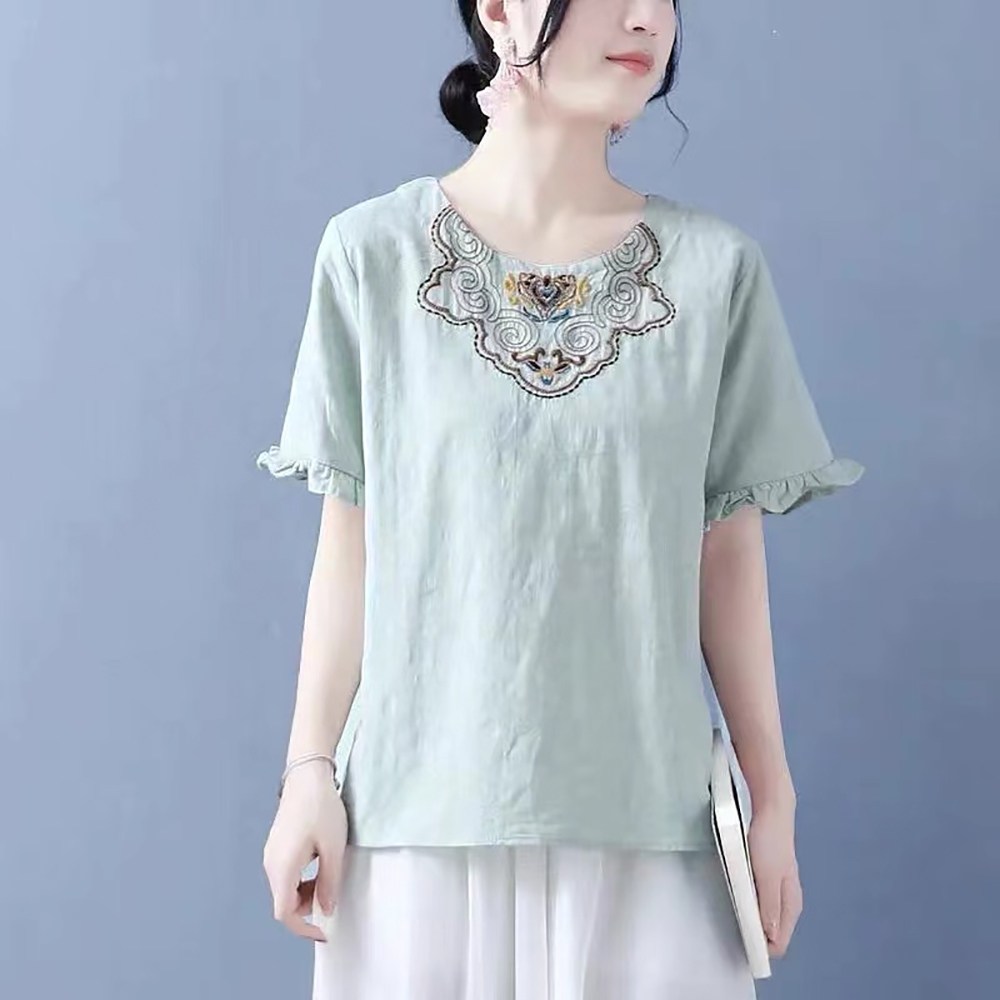 IWMAFT 여성 여름 면마 자수 디테일 라운드넥 블라우스 프릴 소매 캐주얼 상의 KT590 16,300원