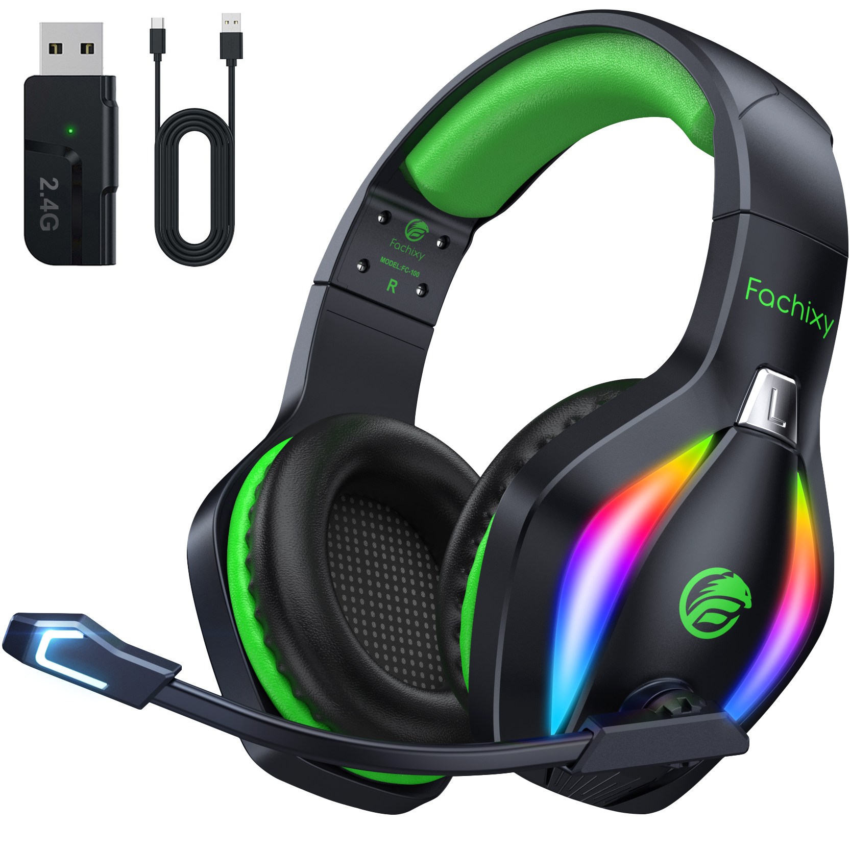 Fachixy 게이밍 헤드셋 FC100 가상 7.1채널 3D 사운드 저지연 2.4GHz 무선 노이즈 캔슬링 마이크 PC PS5 겸용, 블랙그린, 프로 129,000원