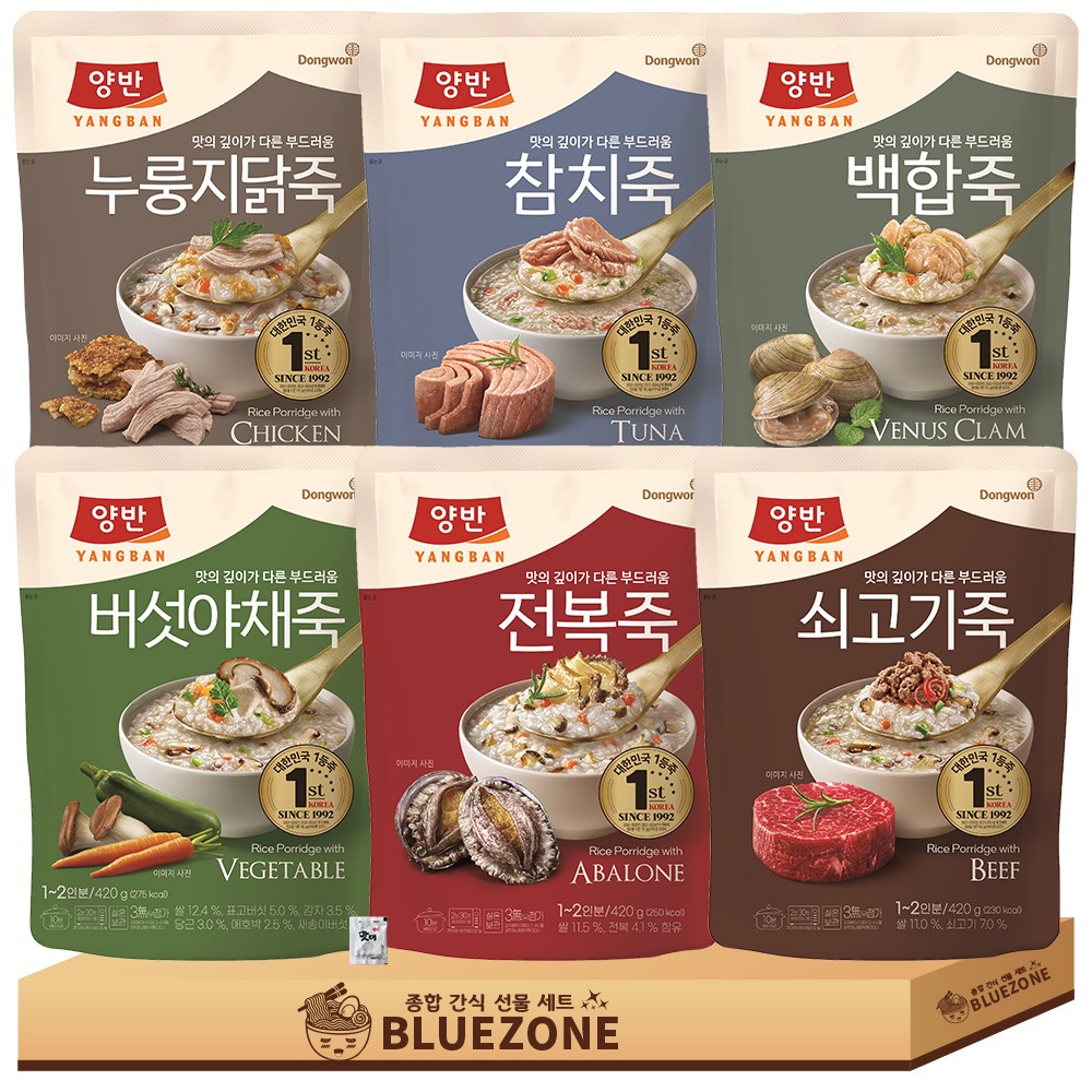 동원 양반죽 간편식 파우치 6종 420g 전복죽+쇠고기죽+참치죽+버섯야채죽+들깨닭죽+백합죽, 420g, 1개 24,800원