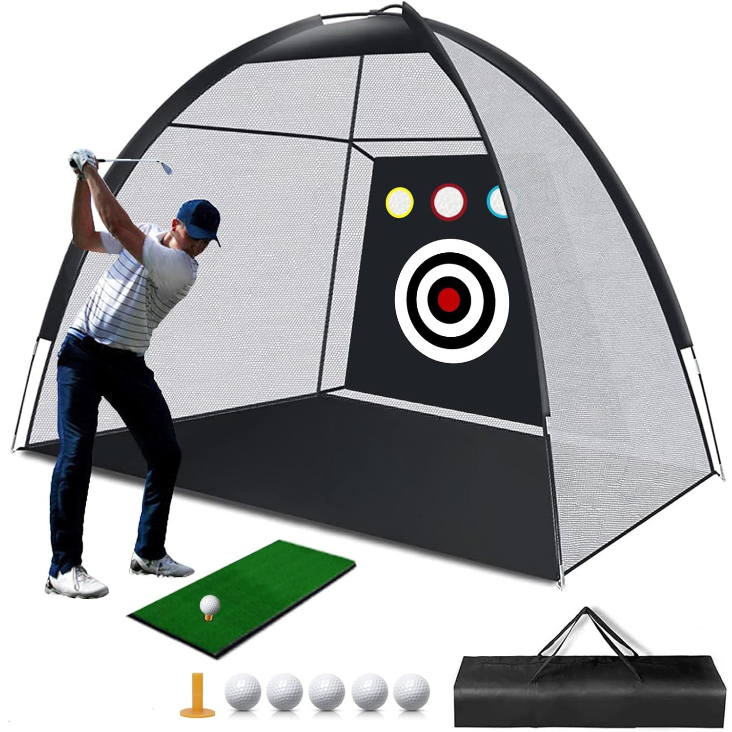 SAIVEINA 골프용품 실내외 간편 휴대 골프 스윙 연습 그물망 홈 골프 스윙 트레이닝 연습장 타켓 치핑케이지 매트포함 골프 타격 훈련 보조 네트 골프망 가정용 골프연습장세트3M, 블랙, 1개 61,900원