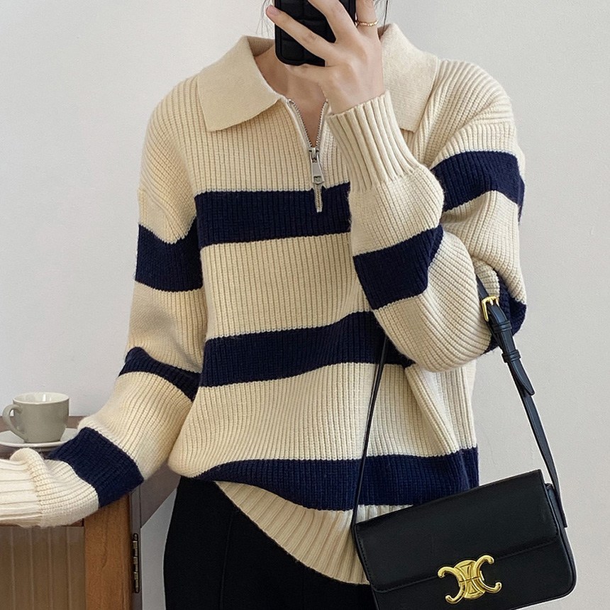 여성 오버핏 루즈핏 도톰 소프트 골지 단가라 스트라이프 반집업 카라넥 풀오버 배색 니트 단가라반집업배색니트 21,800원