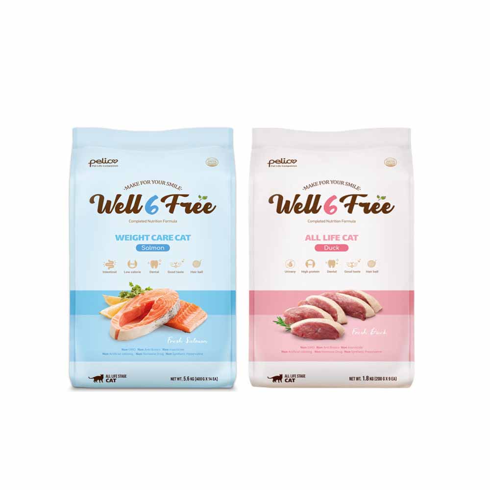 펠리코 고양이 사료 웰식스프리 캣 다이어트전용 연어맛, 올라이프 캣 오리맛 5.6kg 골라담기 17,250원