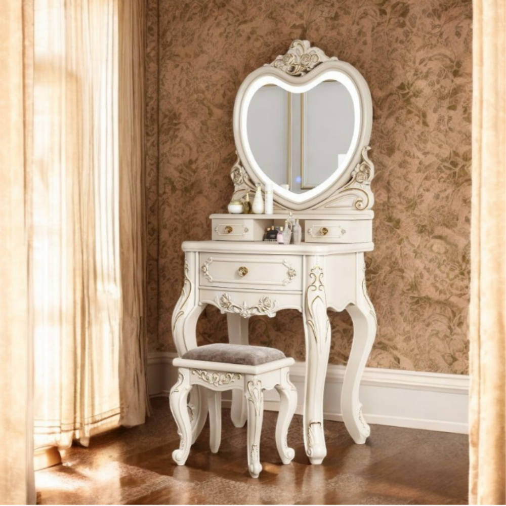 데코카 엔틱 화장대 화이트 서랍형 유럽풍 콘솔 조명 거울 의자 세트 253,400원
