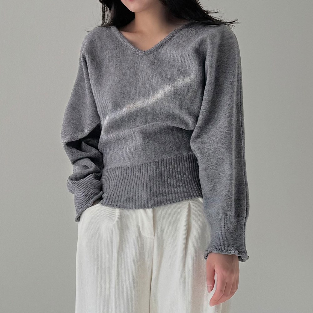 포클로 여성 브이넥 데일리 니트 허리 시보리 프릴 소매 여리핏 여성 니트 29,800원