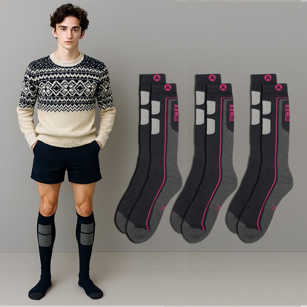 2025 생산 에어워크 심리스 스키양말 3켤레 세트 남자 여자 아동 겨울 긴 장목 따뜻한 눈썰매 캠핑 스노우보드 양말, 핑크3켤레 23,500원
