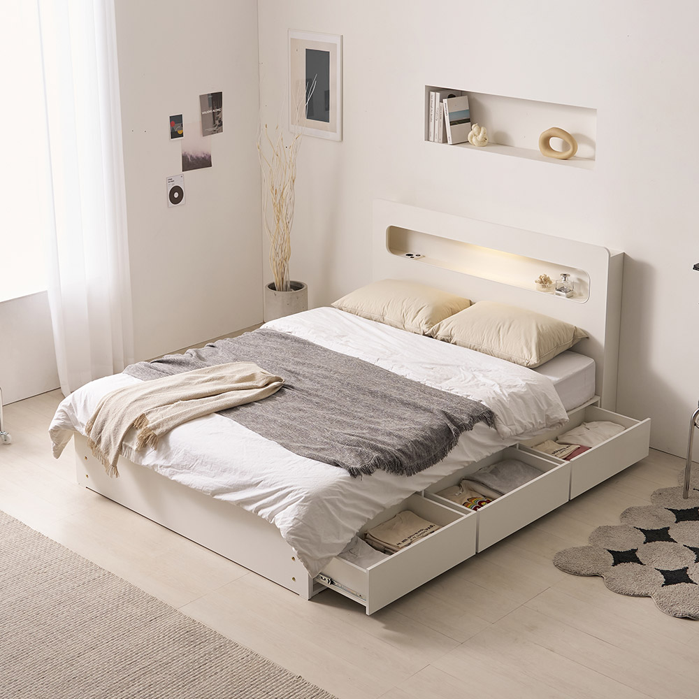 라자가구 라운 LED 서랍 통수납 슈퍼싱글/퀸 침대 프레임 (매트제외), 화이트 189,000원