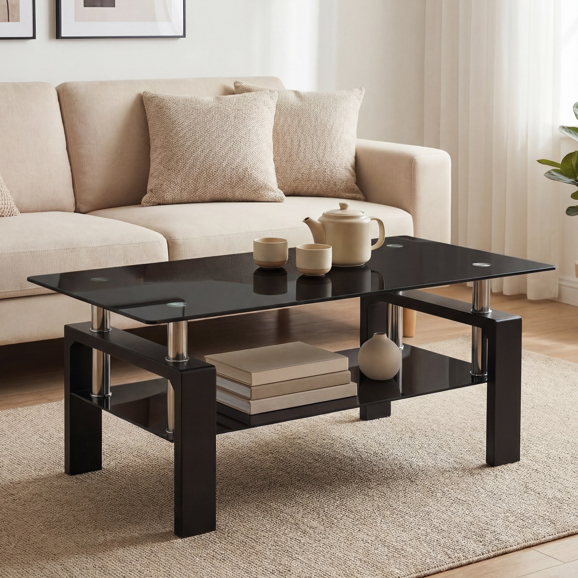 럭키스토리 거실 테이블 강화유리 2단 거실 쇼파테이블, 블랙 K-JCT1001-DB 130,000원