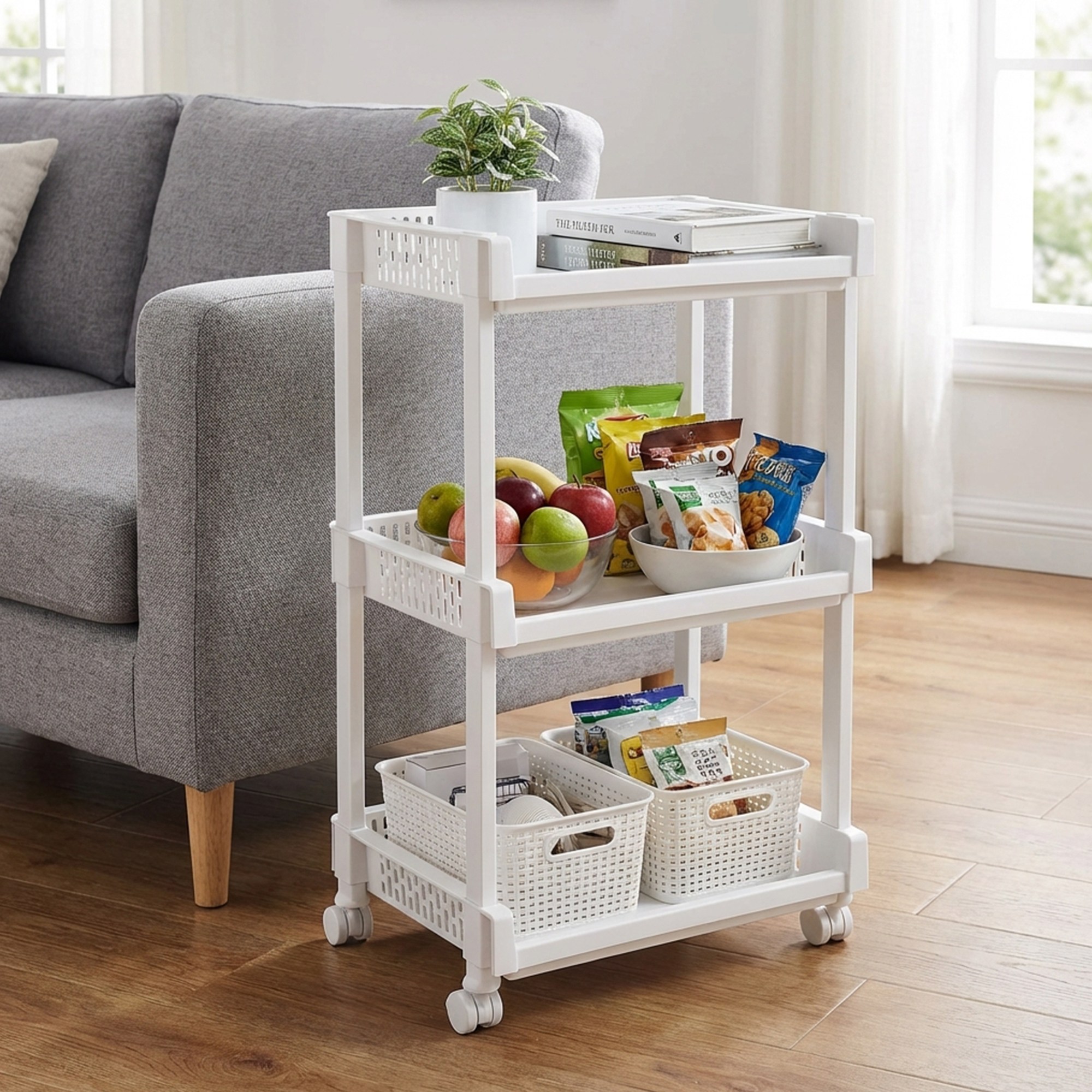 SONGMICS 다용도 이동식 360도 회전 바퀴 플라스틱 트롤리 욕실 주방 사무실 세탁실용, 화이트, 3단 19,350원