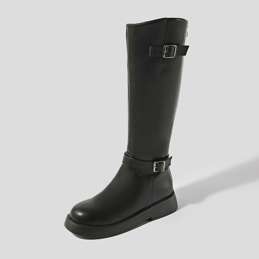 데니아 사선 컷팅 버클 라이더 통굽 롱부츠(4cm) 39,900원