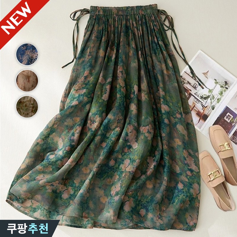 (고품질) 80kg까지 여성 핏 예쁜 플라워 린넨 맥시 밴딩 스커트 여름 날씬해보이는 신상 빅사이즈 프린트 면마 하이웨이스트 큰옷 중년 엄마 우아한 단아한 브라운 a라인 롱 치마 15,800원