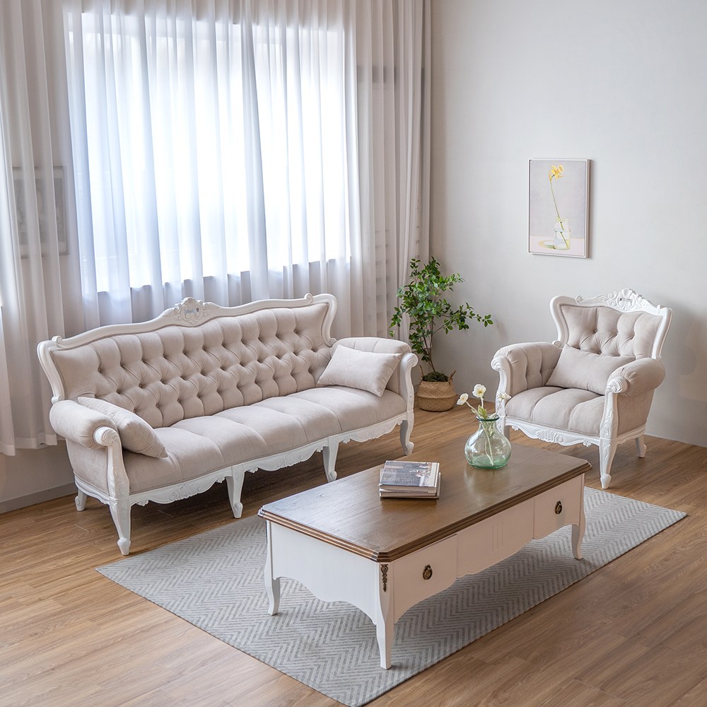 피어젠가구 아이비 프렌치 엔틱 원목 신혼 1인용 3인용 패브릭 소파 2,149,040원